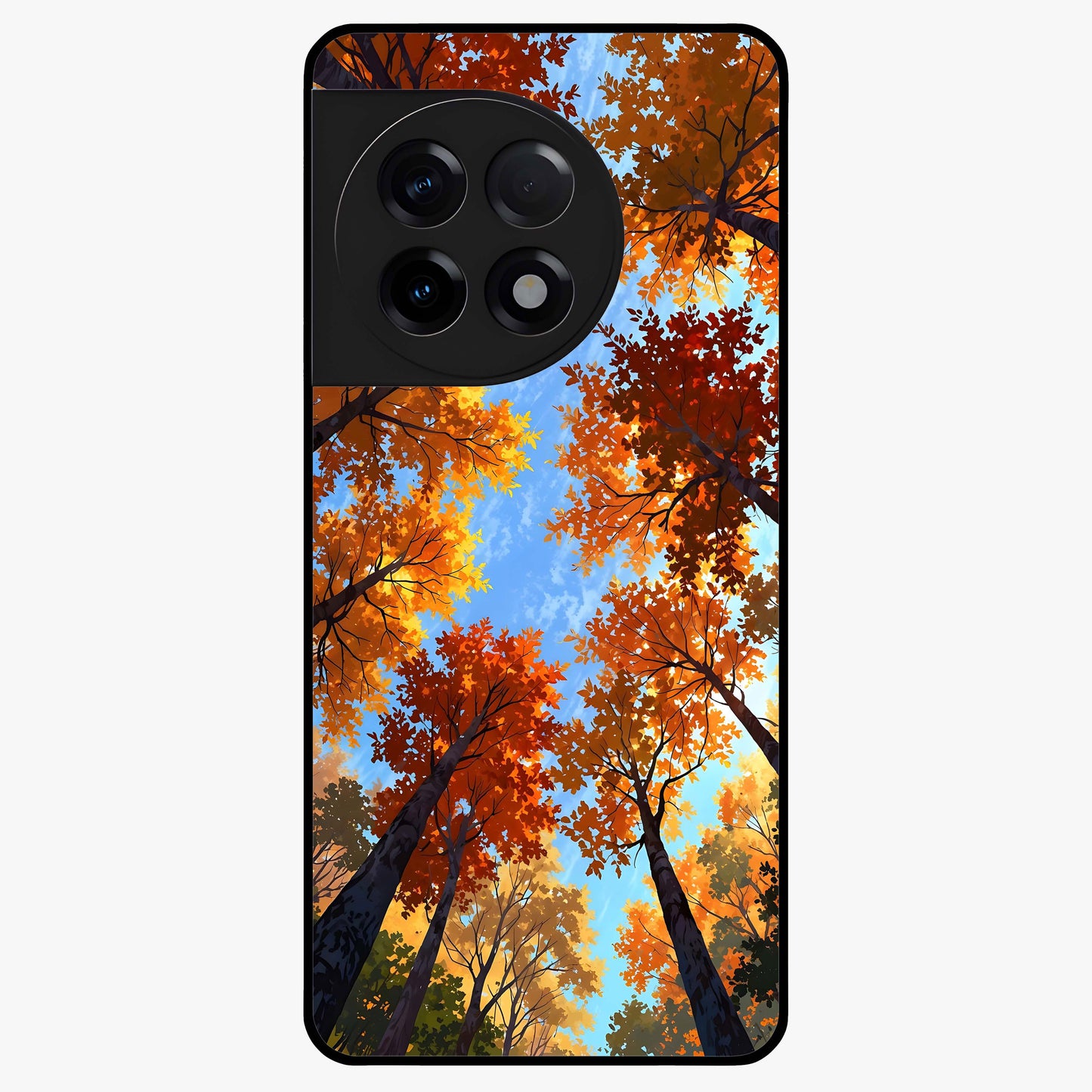 Amber Canopy Glow Glass Case for 1+11R warm front view featuring glowing forest canopy artwork