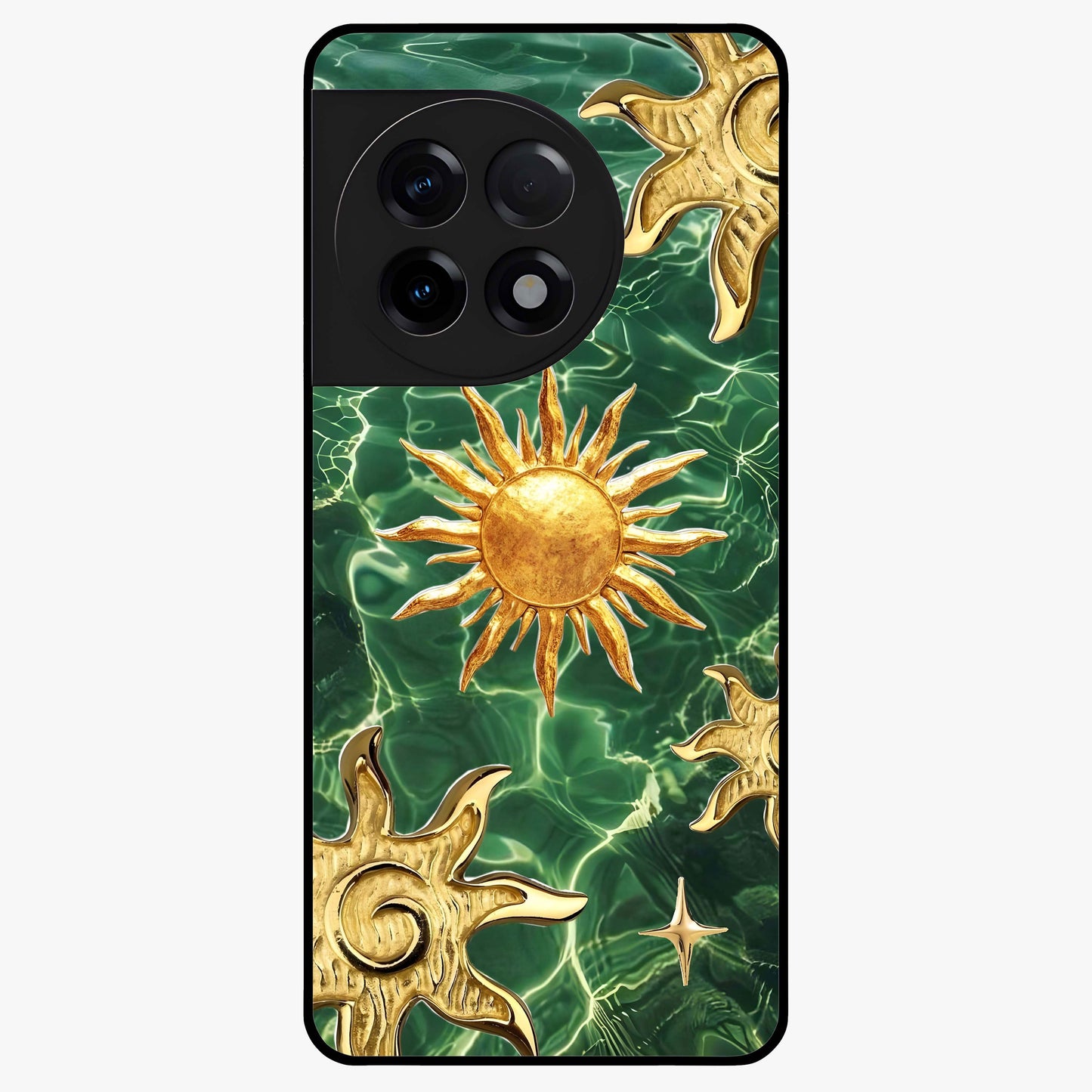 Aqua Sun Mirage Glass Case for 1+11R vibrant front view featuring aqua blue sun inspired artwork