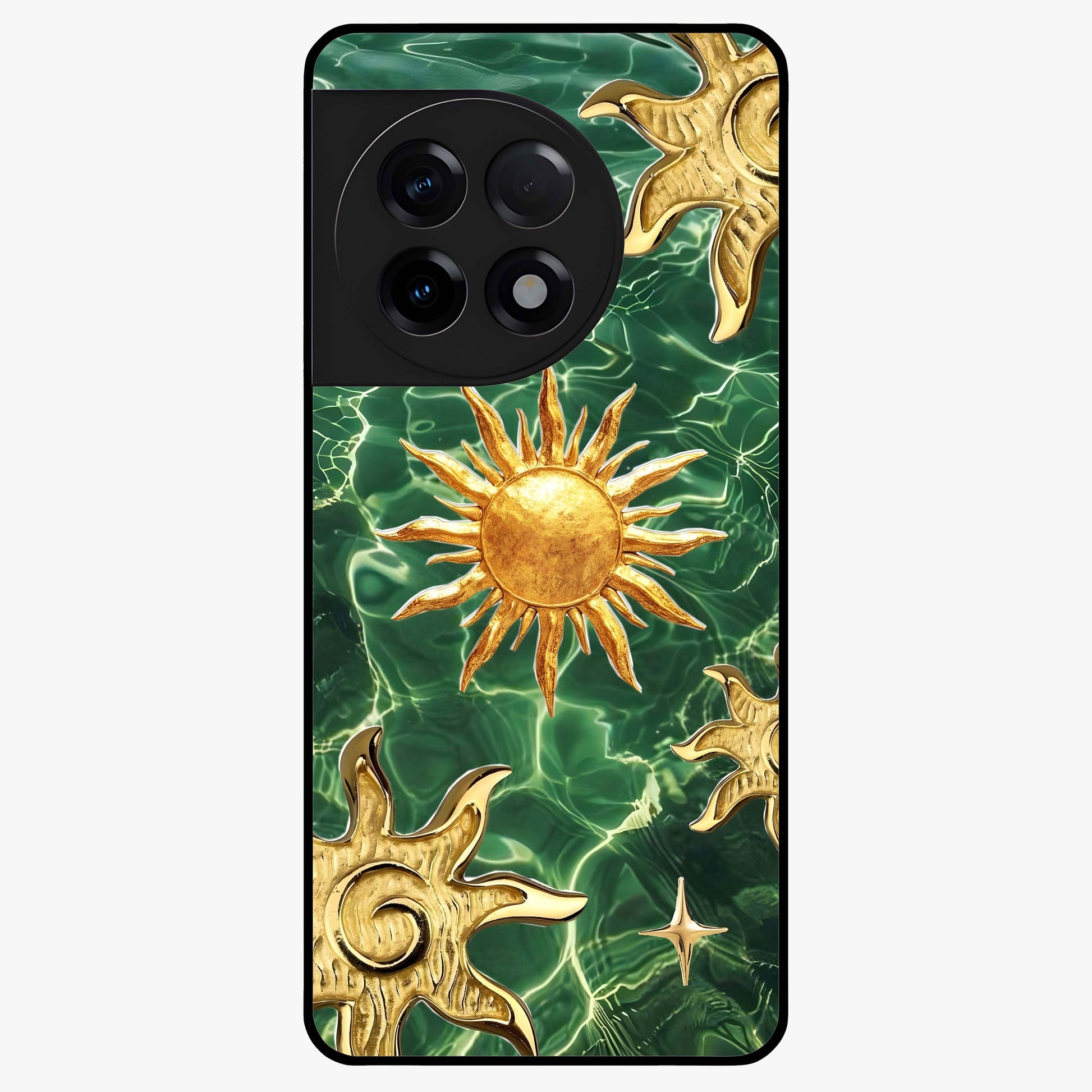 Aqua Sun Mirage Glass Case for 1+11R vibrant front view featuring aqua blue sun inspired artwork