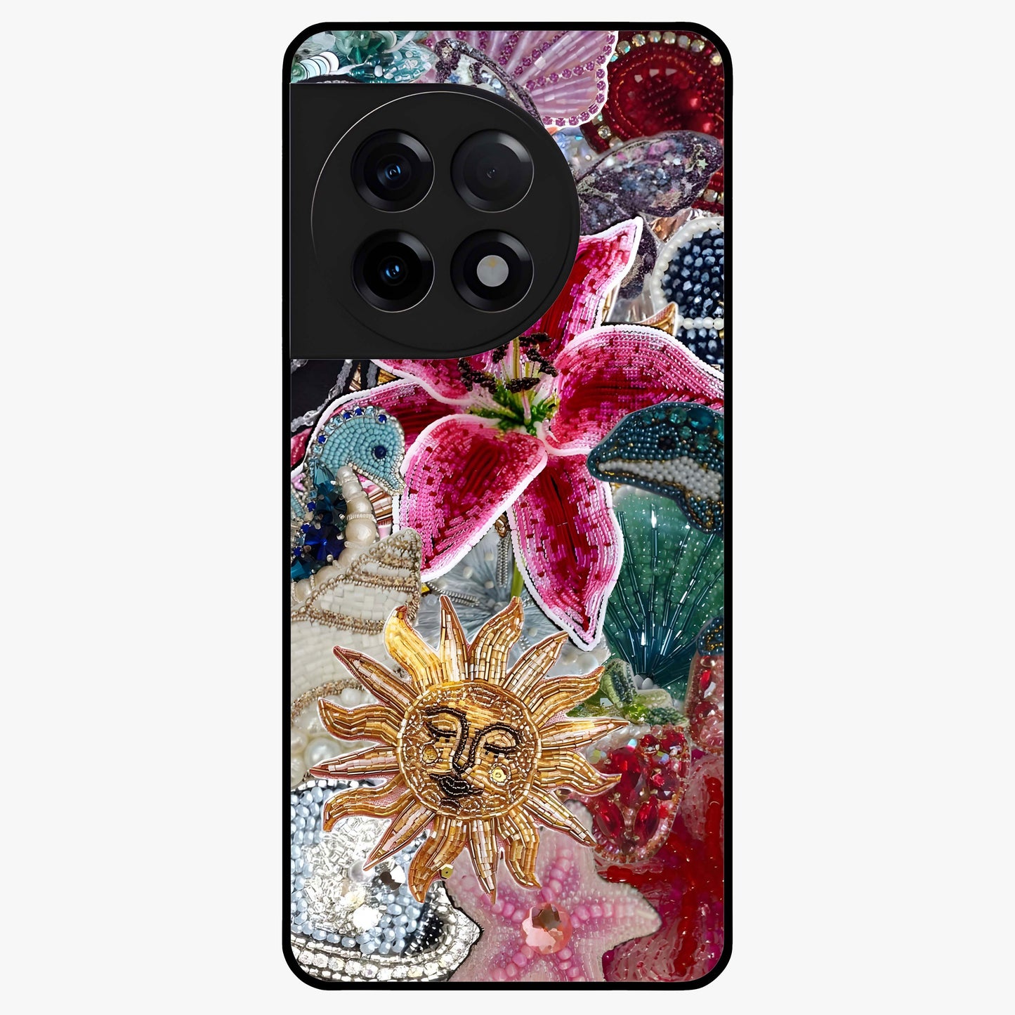 Beaded Garden Fantasy Glass Case for 1+11R front view featuring colorful beaded floral garden artwork