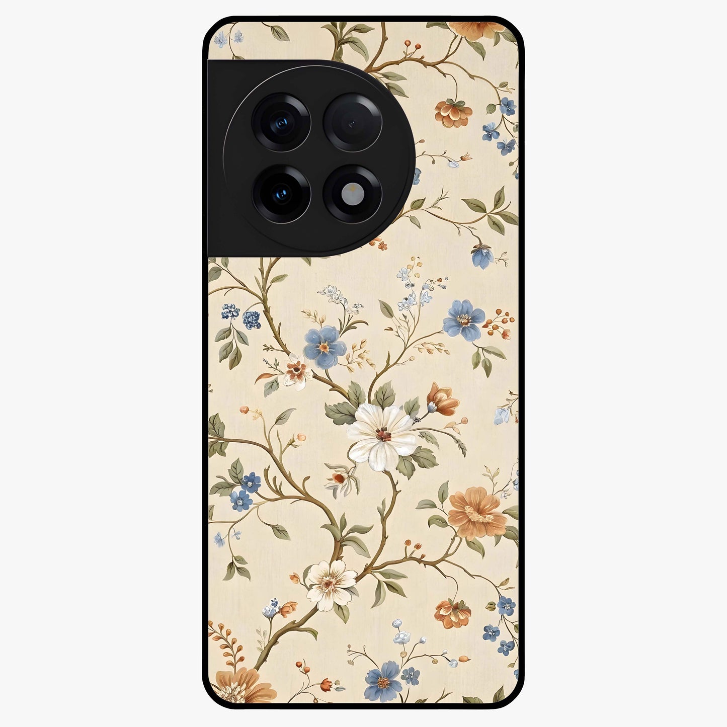 Beige Vintage Flower Glass Case for 1+11R soft front view featuring classic beige floral artwork