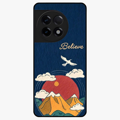 Believe Sky Escape Glass Case for 1+11R inspirational front view featuring sky inspired artwork with uplifting message