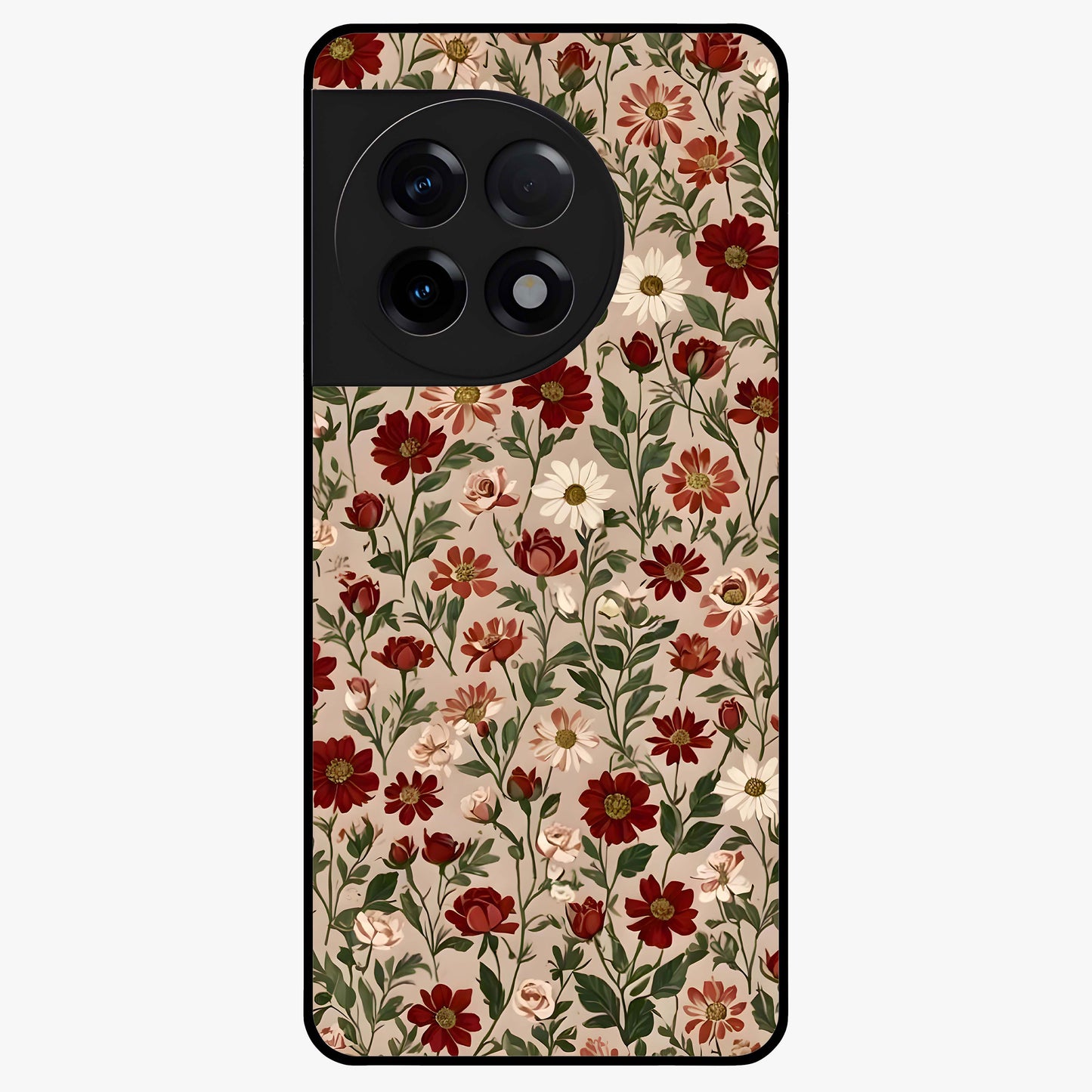 Biege Flower With Leaf Glass Case for 1+11R front view featuring soft beige floral artwork with leaf detailing