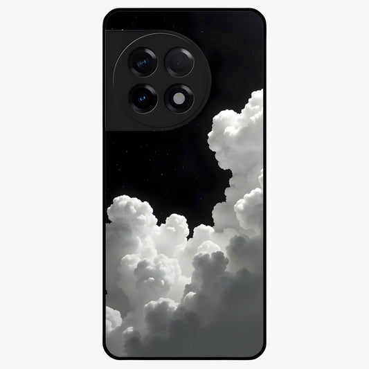 Black Background With White Cloud Glass Case for 1+11R striking front view featuring white cloud artwork on deep black backdrop