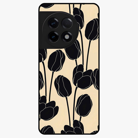 Black Designer Tulip Glass Case for 1+11R elegant front view featuring refined tulip artwork on black background