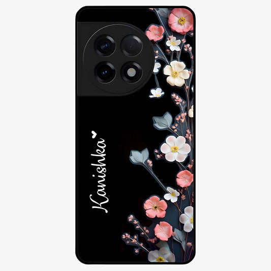 Black Elegance Floral Custom Name Glass Case for 1+11R luxurious front view featuring floral artwork with personalized name design