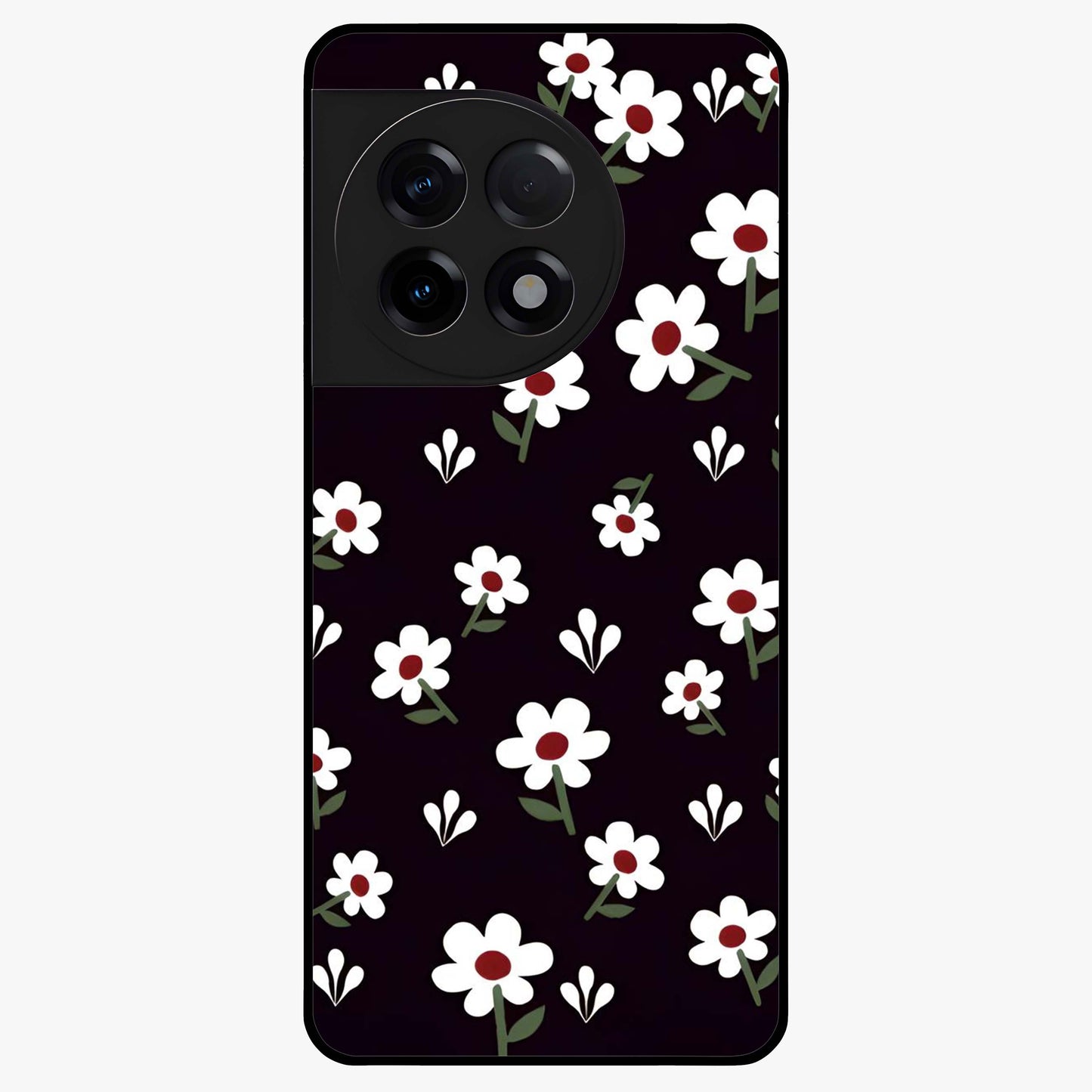Black Prints Daisy Flower Pattern Glass Case for 1+11R front view featuring white daisy floral artwork on black base