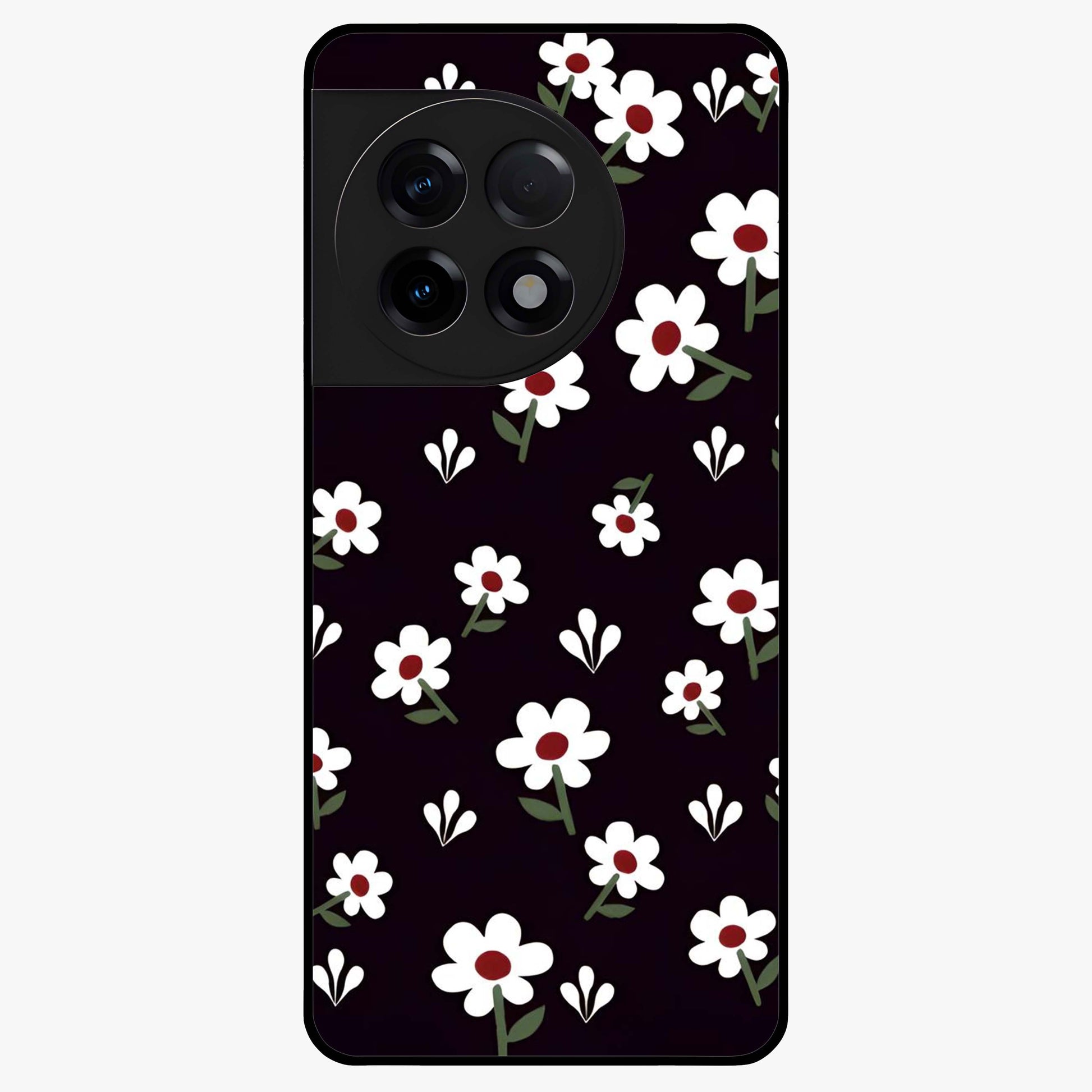 Black Prints Daisy Flower Pattern Glass Case for 1+11R front view featuring white daisy floral artwork on black base
