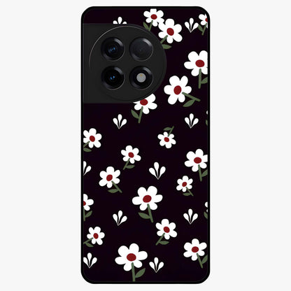 Black Prints Daisy Flower Pattern Glass Case for 1+11R front view featuring white daisy floral artwork on black base