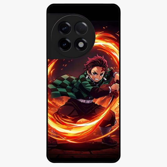 Blazing Sword Resolve Glass Case for 1+11R showing full back design in clean flat view with blazing sword artwork and glossy glass finish.