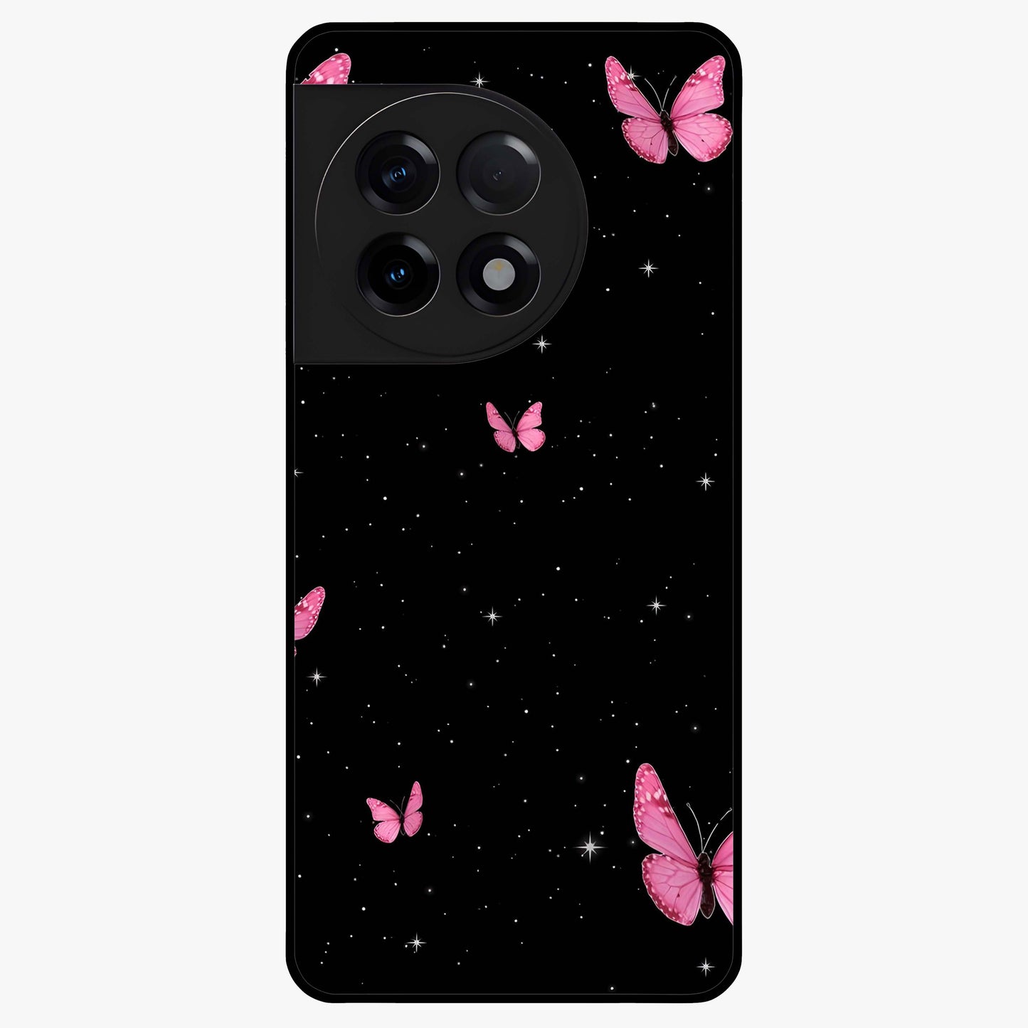 Blinking Butterfly Glass Case for 1+11R showing full back design in clean flat view with delicate butterfly artwork and glossy glass finish.