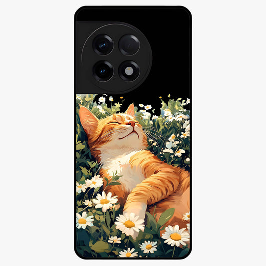 Blissful Bloom Cat Glass Case for 1+11R charming front view featuring floral cat artwork with soft aesthetic tones