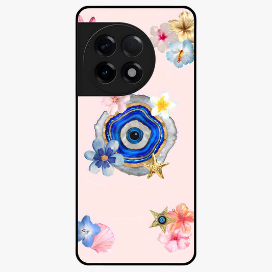 Blossom Evil Charm Glass Case for 1+11R elegant front view featuring floral evil eye inspired artwork