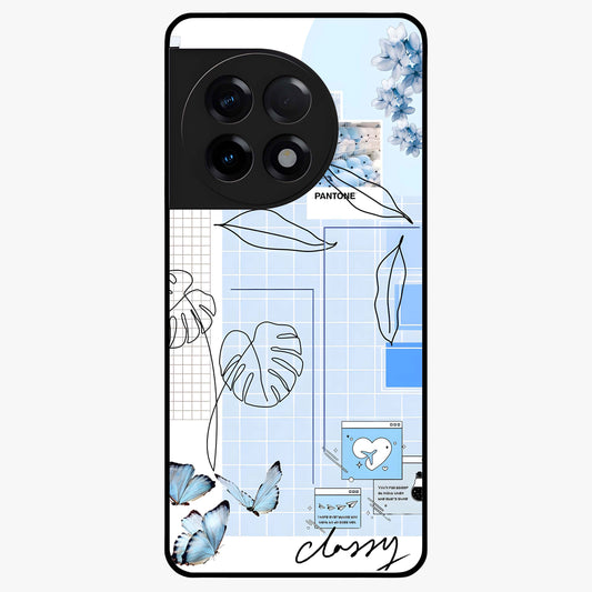 Blue Aesthetic Flower Glass Case for 1+11R elegant front view featuring soft blue floral artwork