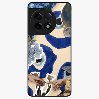 Blue Evil Divine Glass Case for 1+11R bold front view featuring vibrant evil eye artwork with divine aesthetic tones