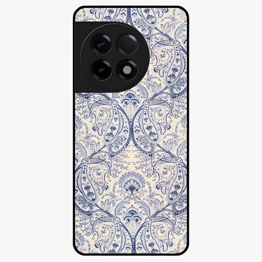 Blue Paisley Bloom Glass Case for 1+11R intricate front view featuring paisley floral artwork in rich blue tones