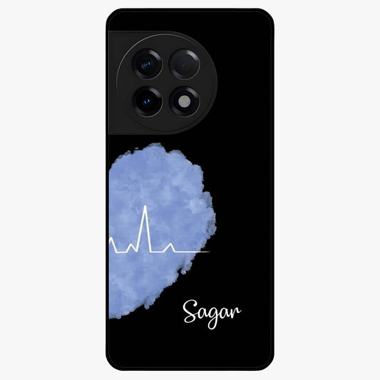 Blue Pulse Bond Glass Case for 1+11R bold front view featuring dynamic blue abstract pulse artwork