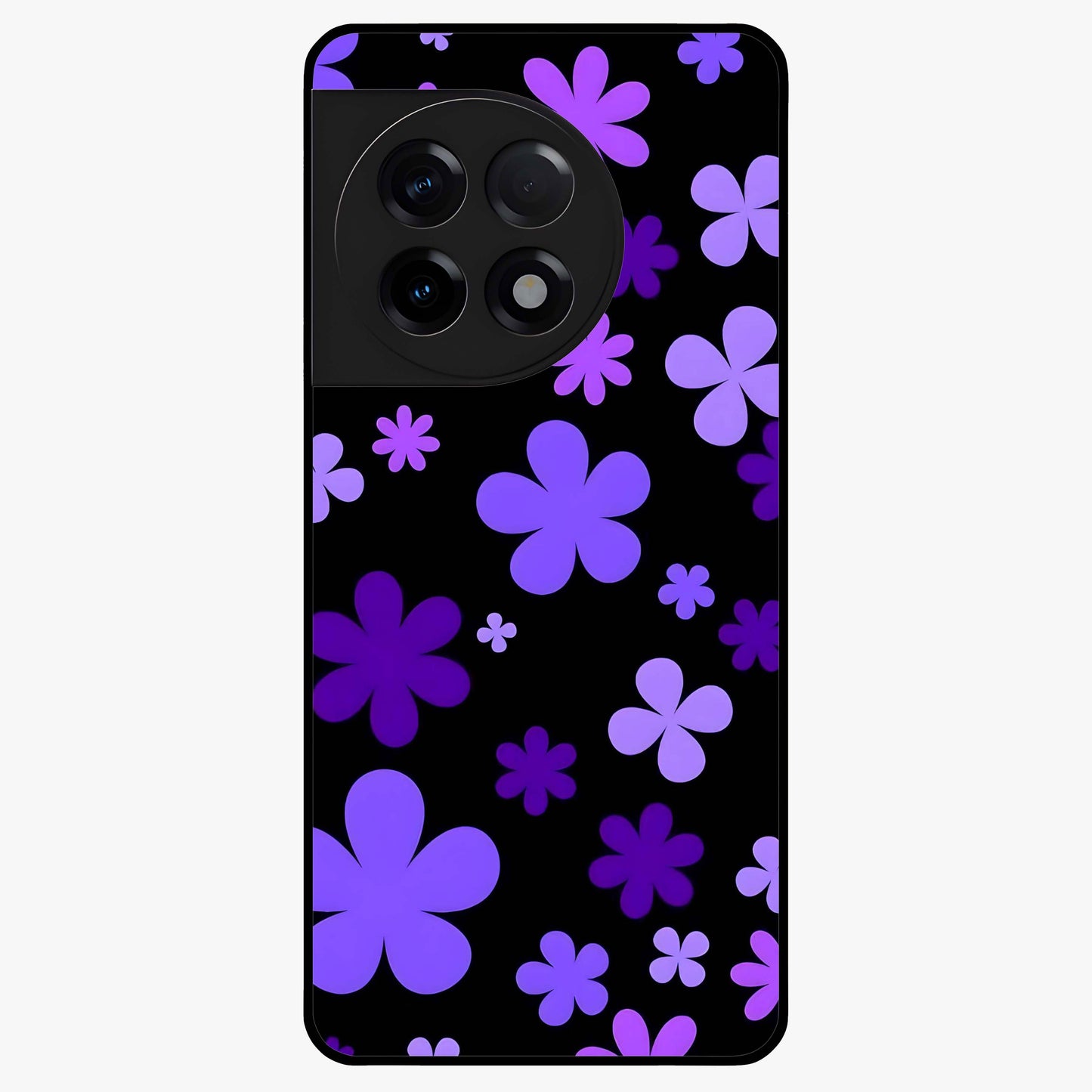 Blue Retro Pop Flowers Glass Case for 1+11R vibrant front view featuring retro floral artwork in bold blue tones