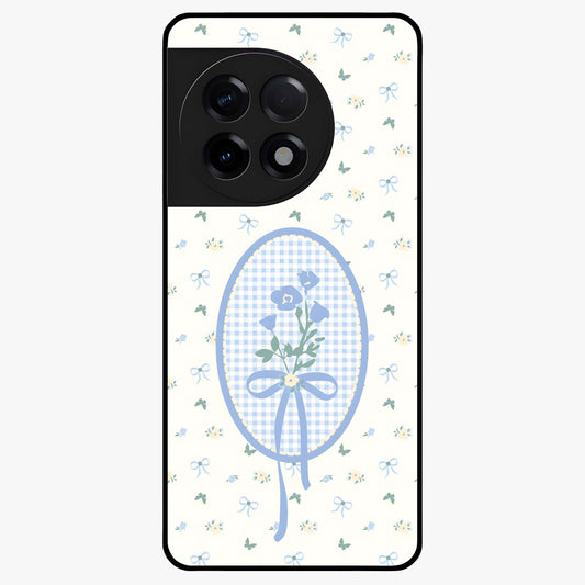 Blue Ribbon Bloom Glass Case for 1+11R elegant front view featuring soft floral artwork with ribbon accents