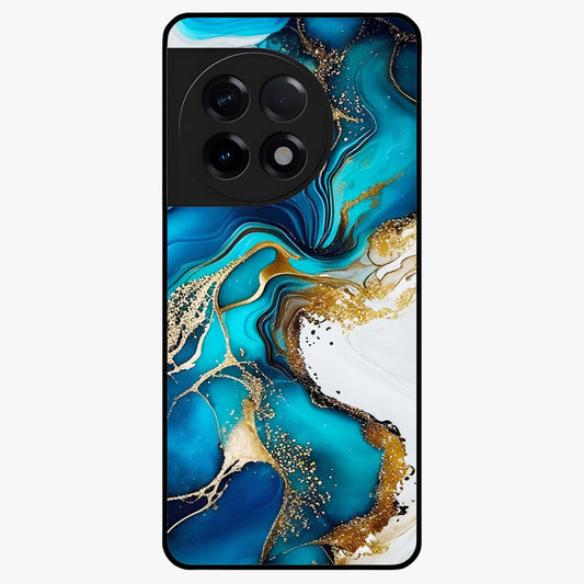 Blue and White Marble With Golden Viens Art Glass Case for 1+11R luxurious front view featuring marble texture with golden vein detailing