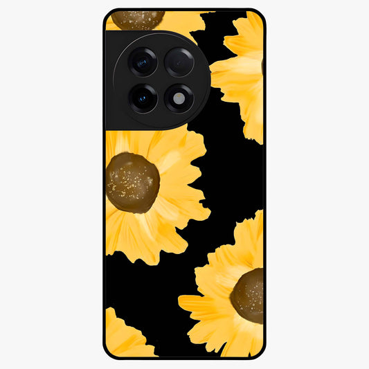 Bold Sunflowers Glow Glass Case for 1+11R vibrant front view featuring radiant sunflower artwork with warm golden tones
