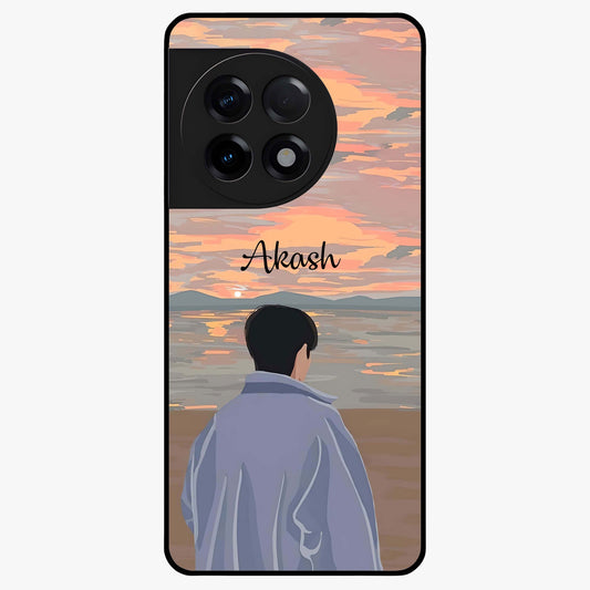 Boy Facing Sunset Beach Glass Case for 1+11R scenic front view featuring silhouette artwork against glowing sunset sky