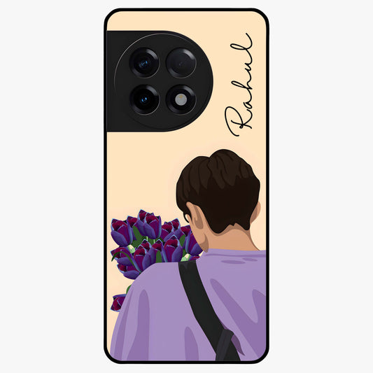 Boy Holding Flowers Glass Case for 1+11R aesthetic front view featuring soft illustrated character holding floral bouquet