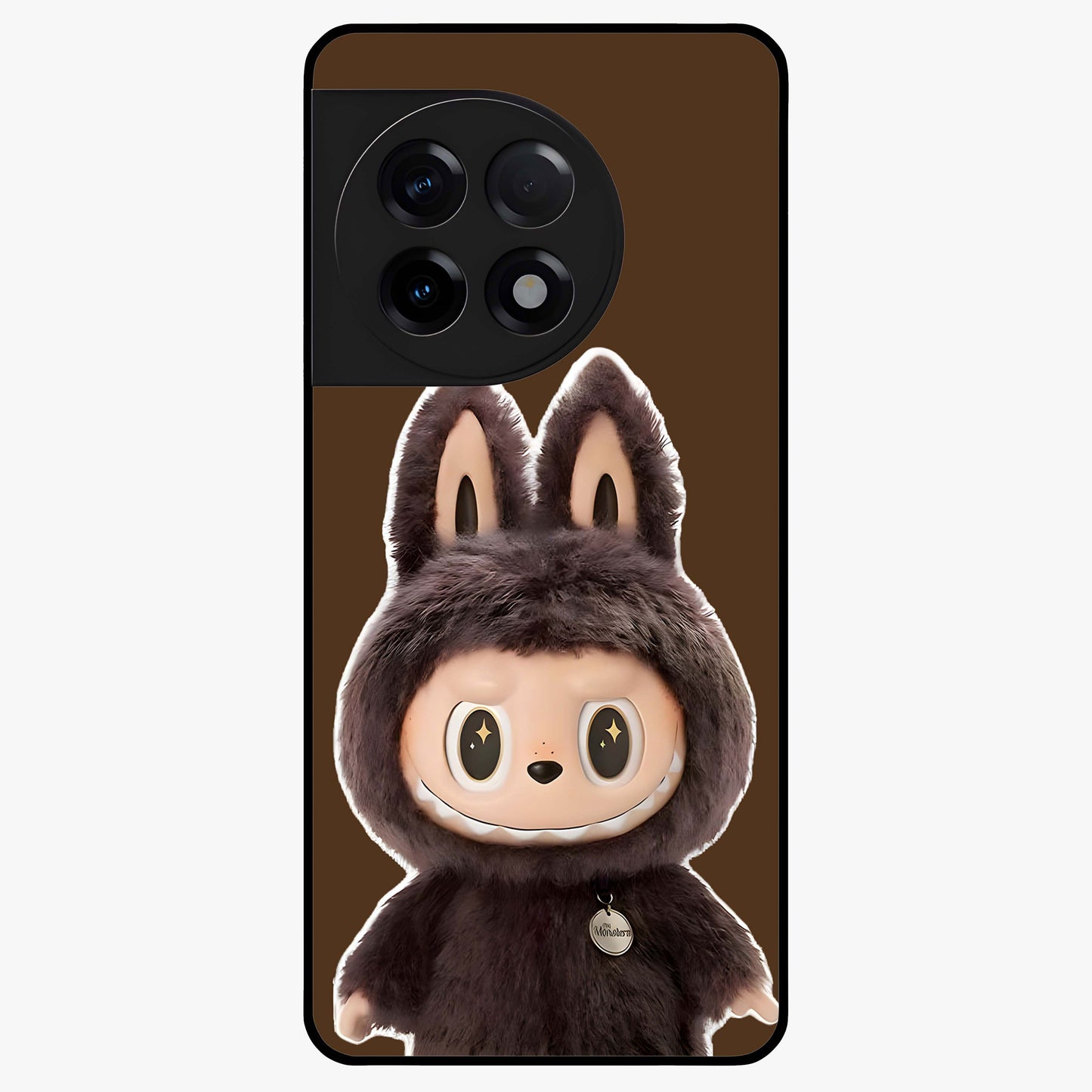 Brown Labubu Design Glass Case for 1+11R cute front view featuring playful Labubu character artwork in warm brown tones