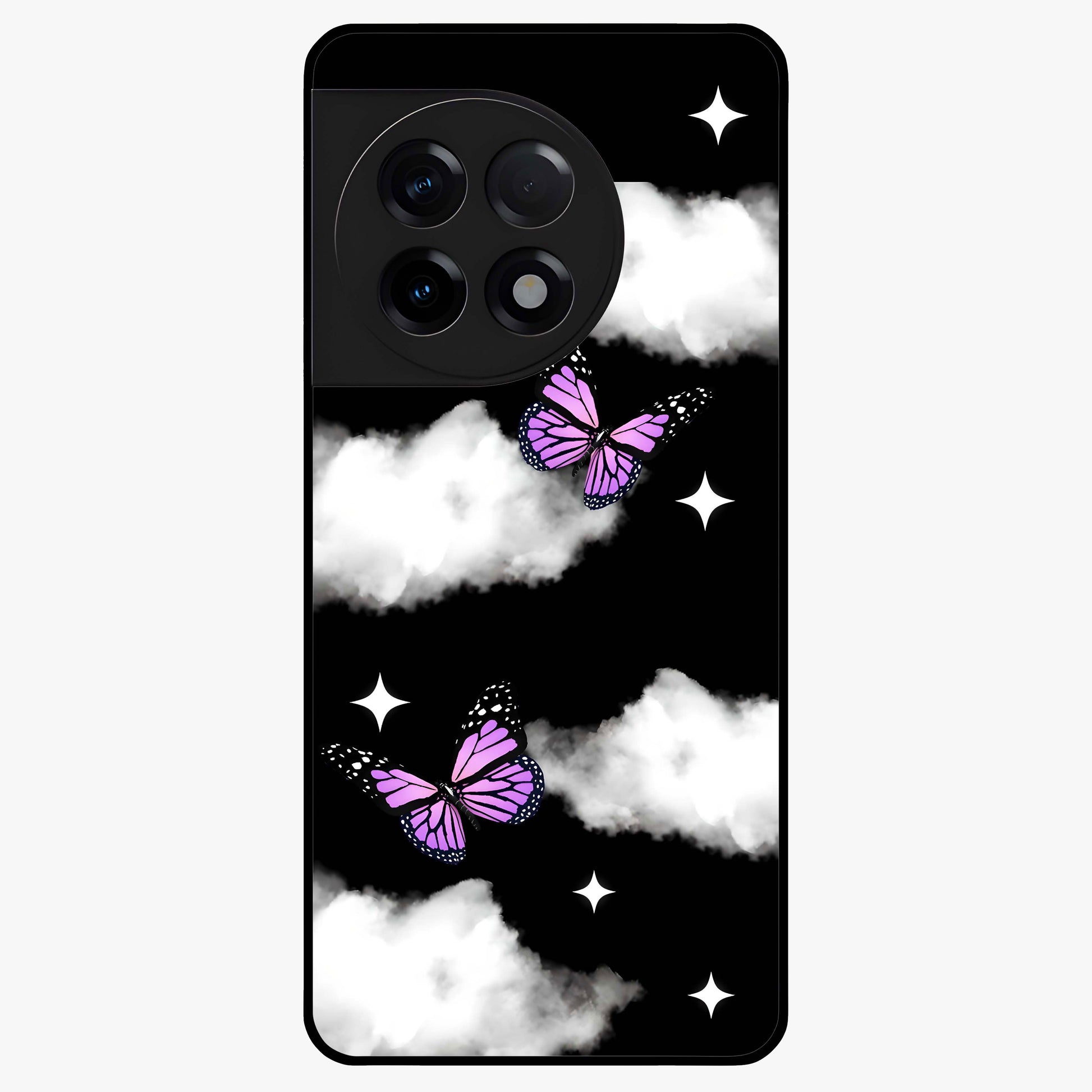 Butterfly Night Drift Glass Case for 1+11R dreamy front view featuring butterfly artwork with dark night inspired tones