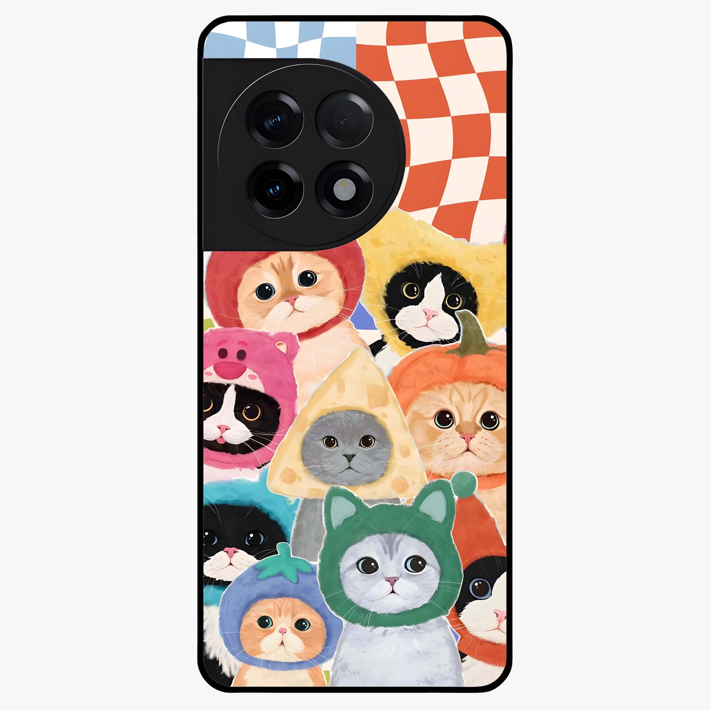 Cats in Fruits Glass Case for 1+11R playful front view featuring cute cat illustrations with vibrant fruit artwork
