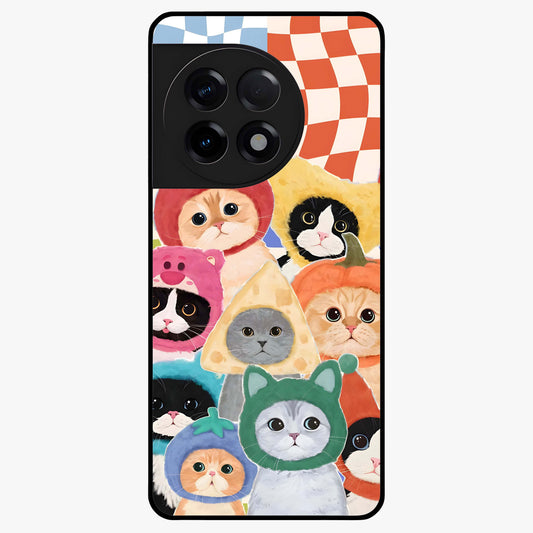 Cats in Fruits Glass Case for 1+11R playful front view featuring cute cat illustrations with vibrant fruit artwork