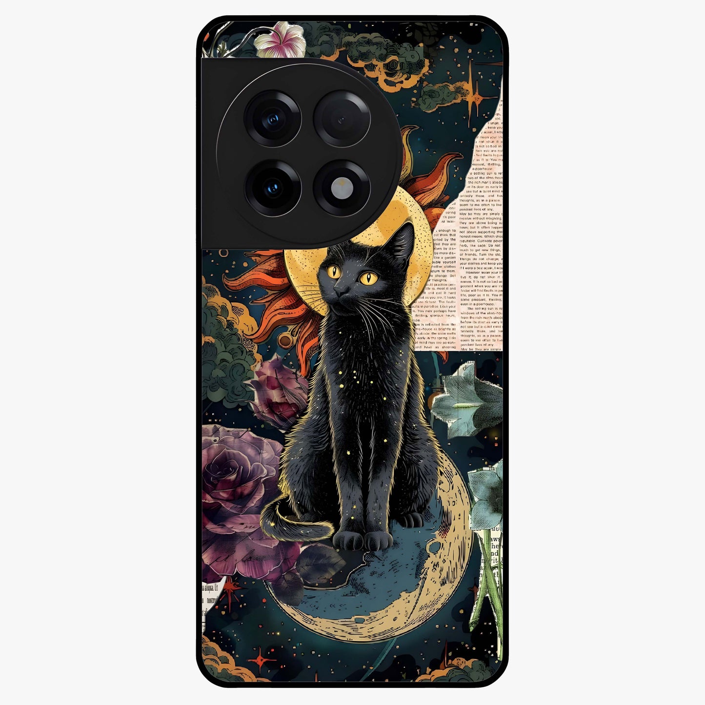 Celestial Black Cat Glass Case for 1+11R mystical front view featuring black cat artwork with cosmic background