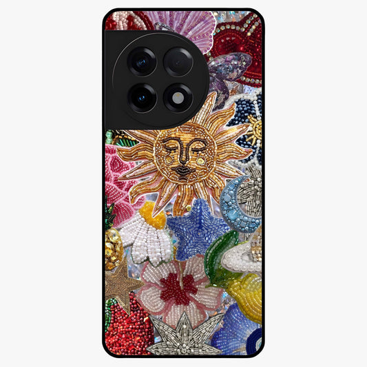 Celestial Floral and Playful Glass Case for 1+11R vibrant front view featuring floral artwork blended with cosmic elements