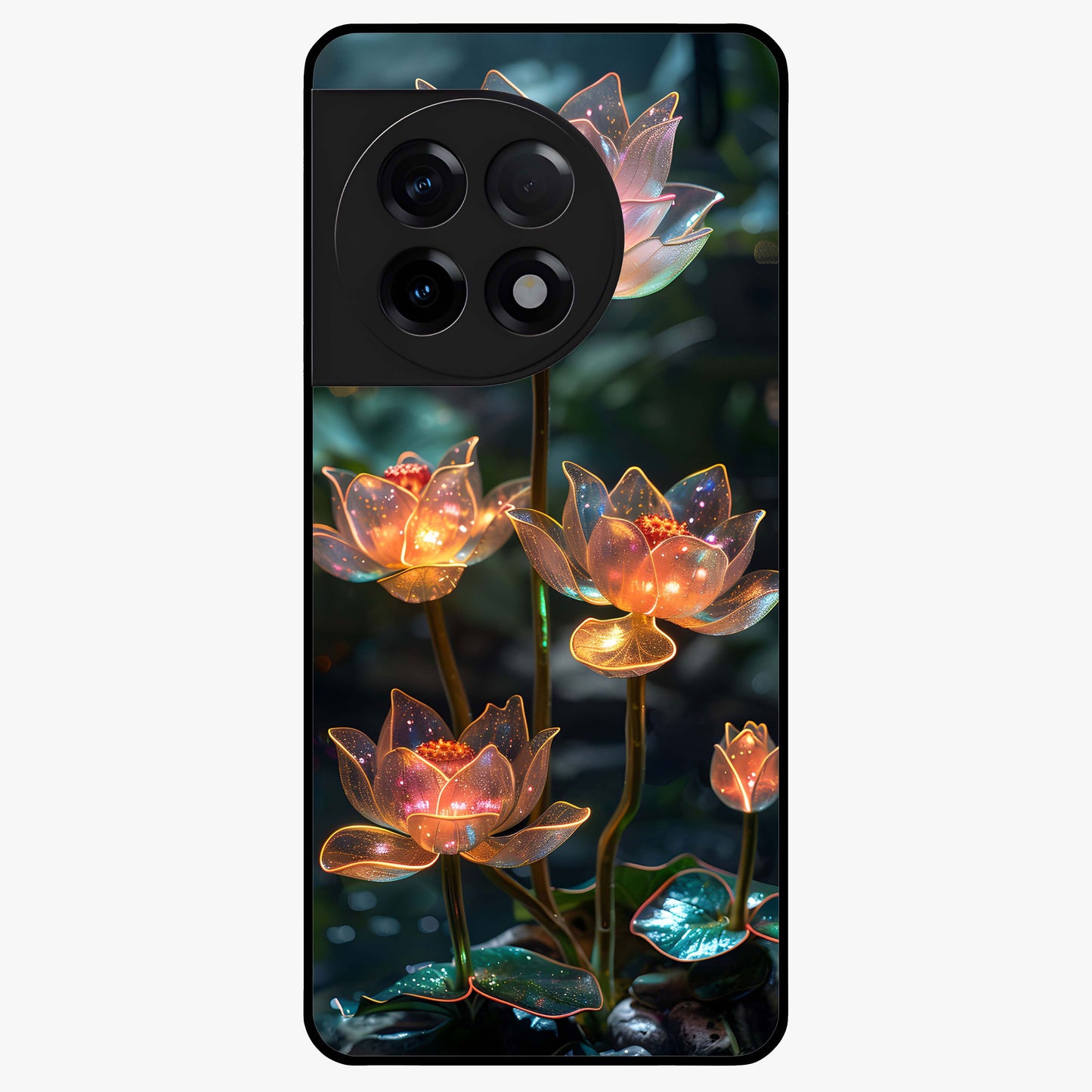 Celestial Lotus Light Glass Case for 1+11R peaceful front view featuring glowing lotus artwork with cosmic backdrop