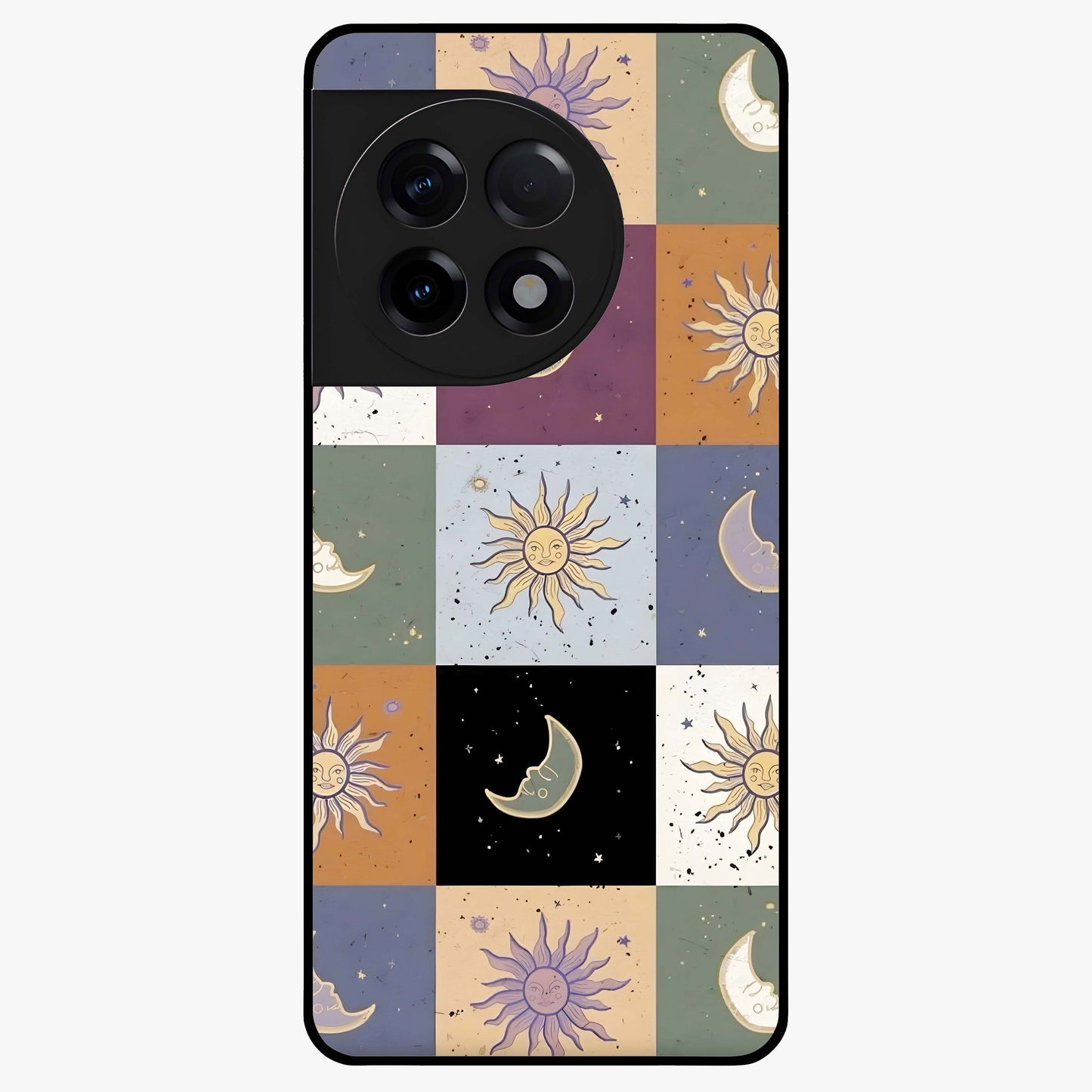 Celestial Patchwork Dreams Glass Case for 1+11R dreamy front view featuring patchwork style cosmic artwork