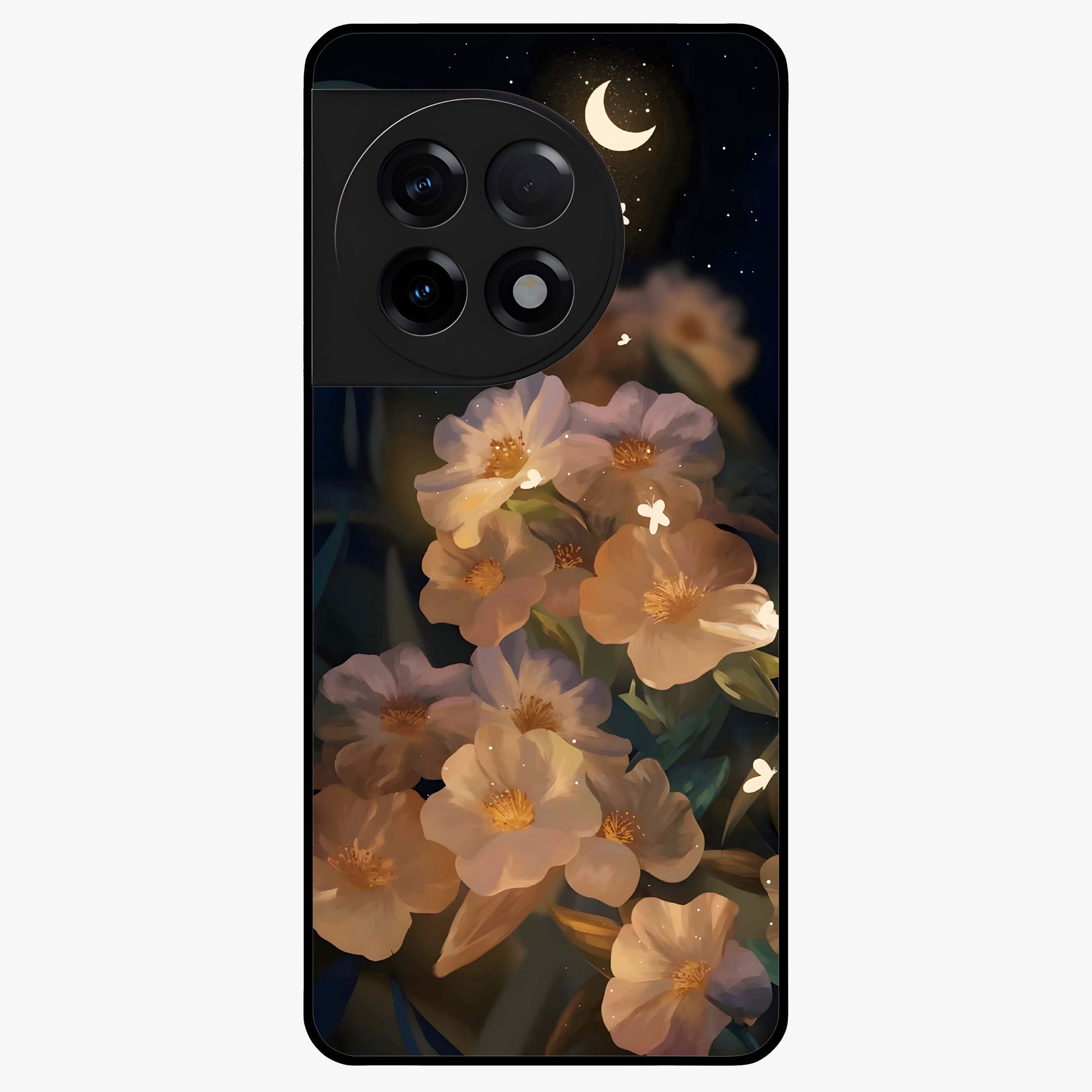 Celestial Petal Night Glass Case for 1+11R elegant front view featuring floral petals against dark night sky tones