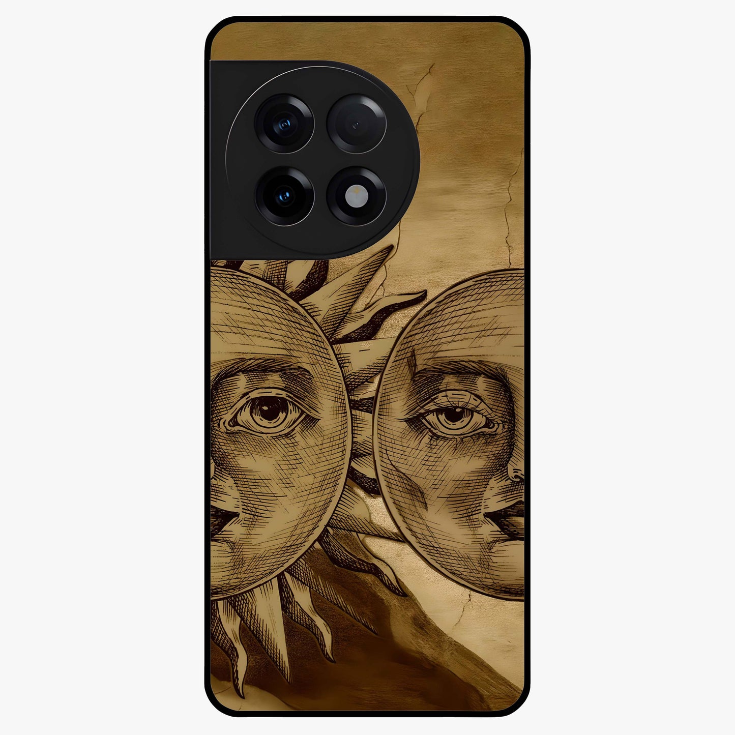 Celestial Relic Glow Glass Case for 1+11R mystical front view featuring ancient relic inspired cosmic artwork