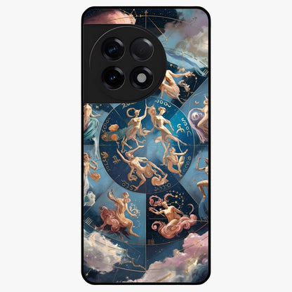 Celestial Signs Dance Glass Case for 1+11R artistic front view featuring zodiac inspired celestial symbol artwork