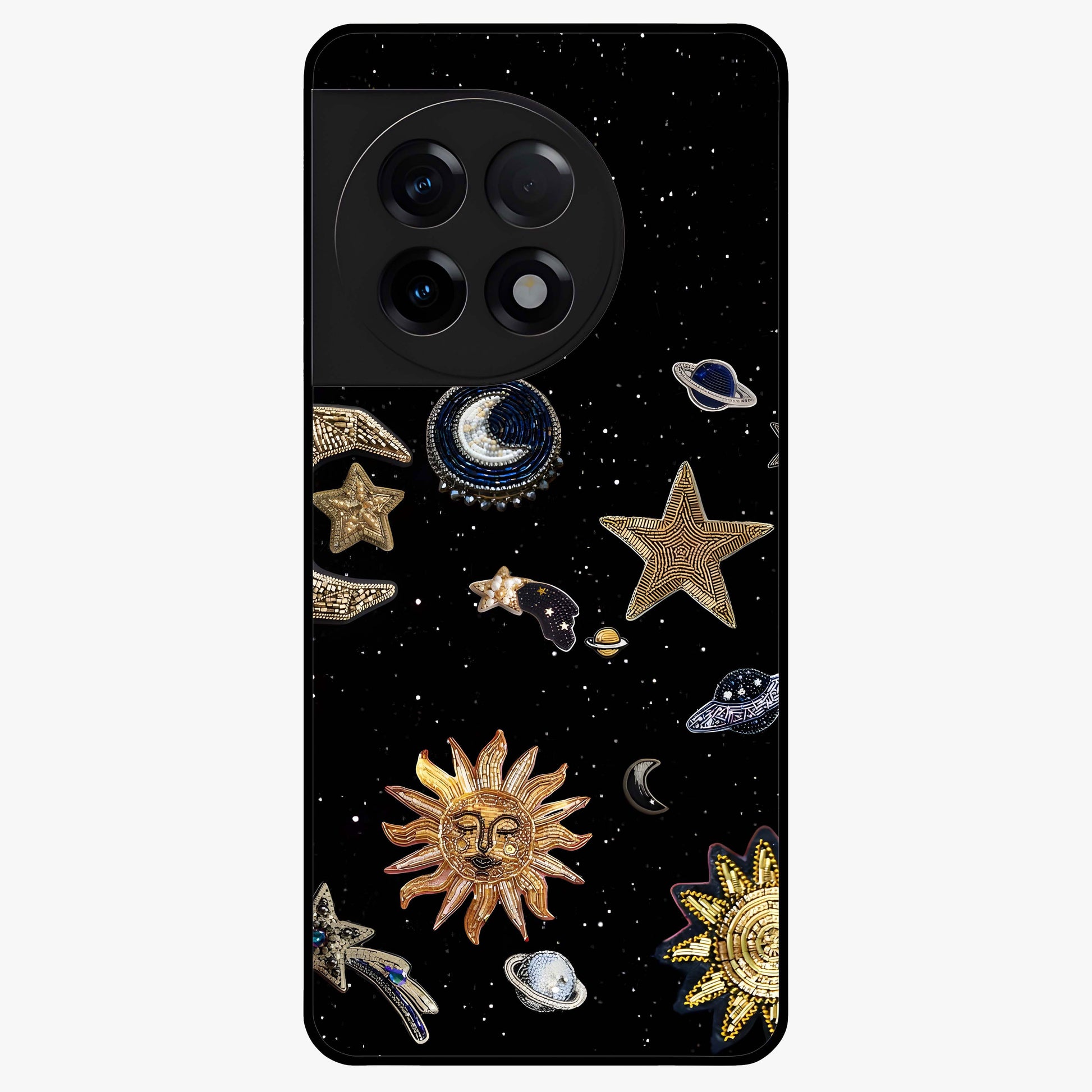 Celestial Star Charm Glass Case for 1+11R radiant front view featuring star inspired cosmic artwork
