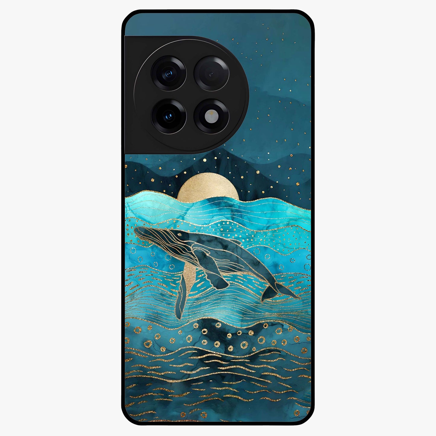 Celestial Whale Voyage Glass Case for 1+11R dreamy front view featuring whale artwork against cosmic sky backdrop