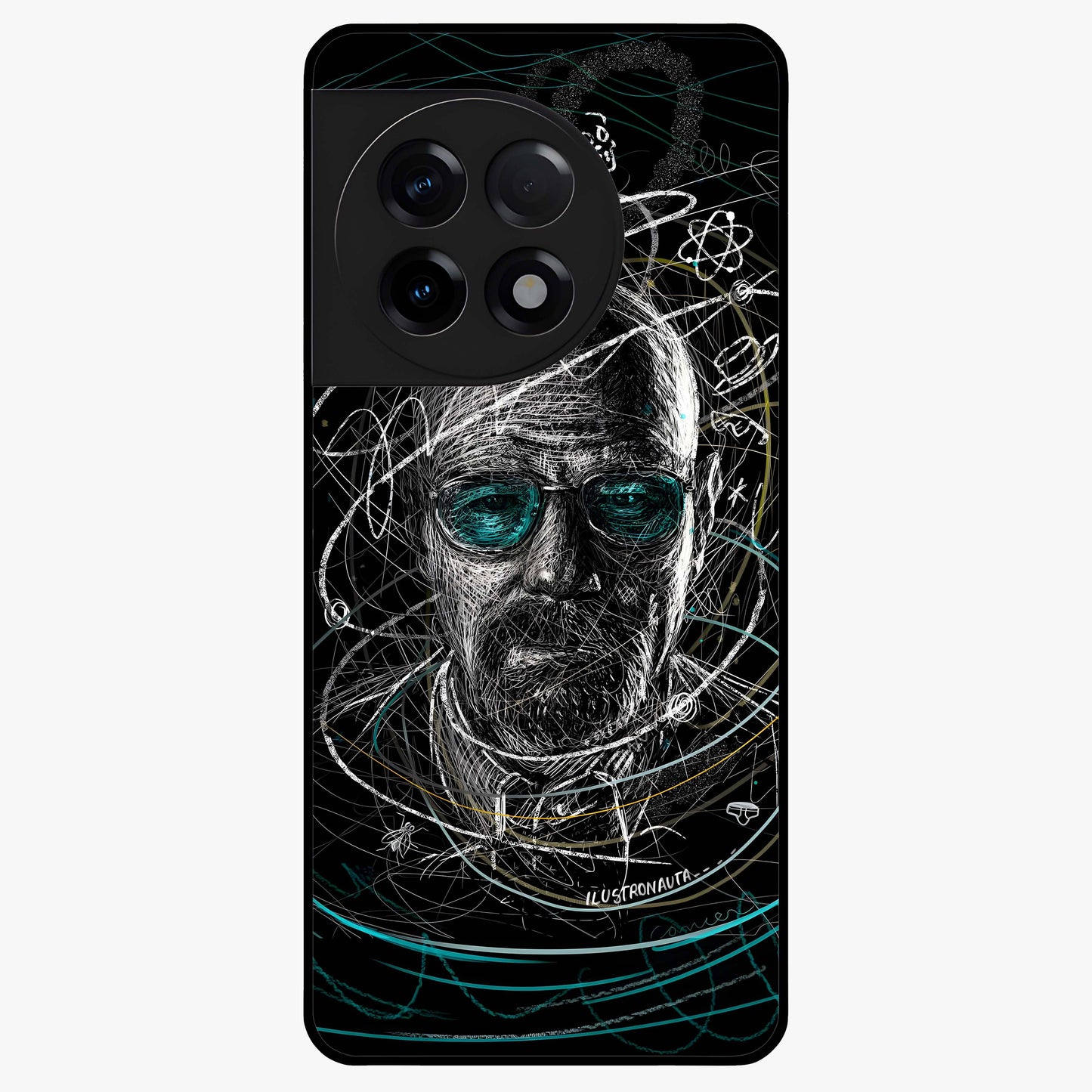 Chaotic Mind Genius Glass Case for 1+11R bold front view featuring expressive abstract typography artwork