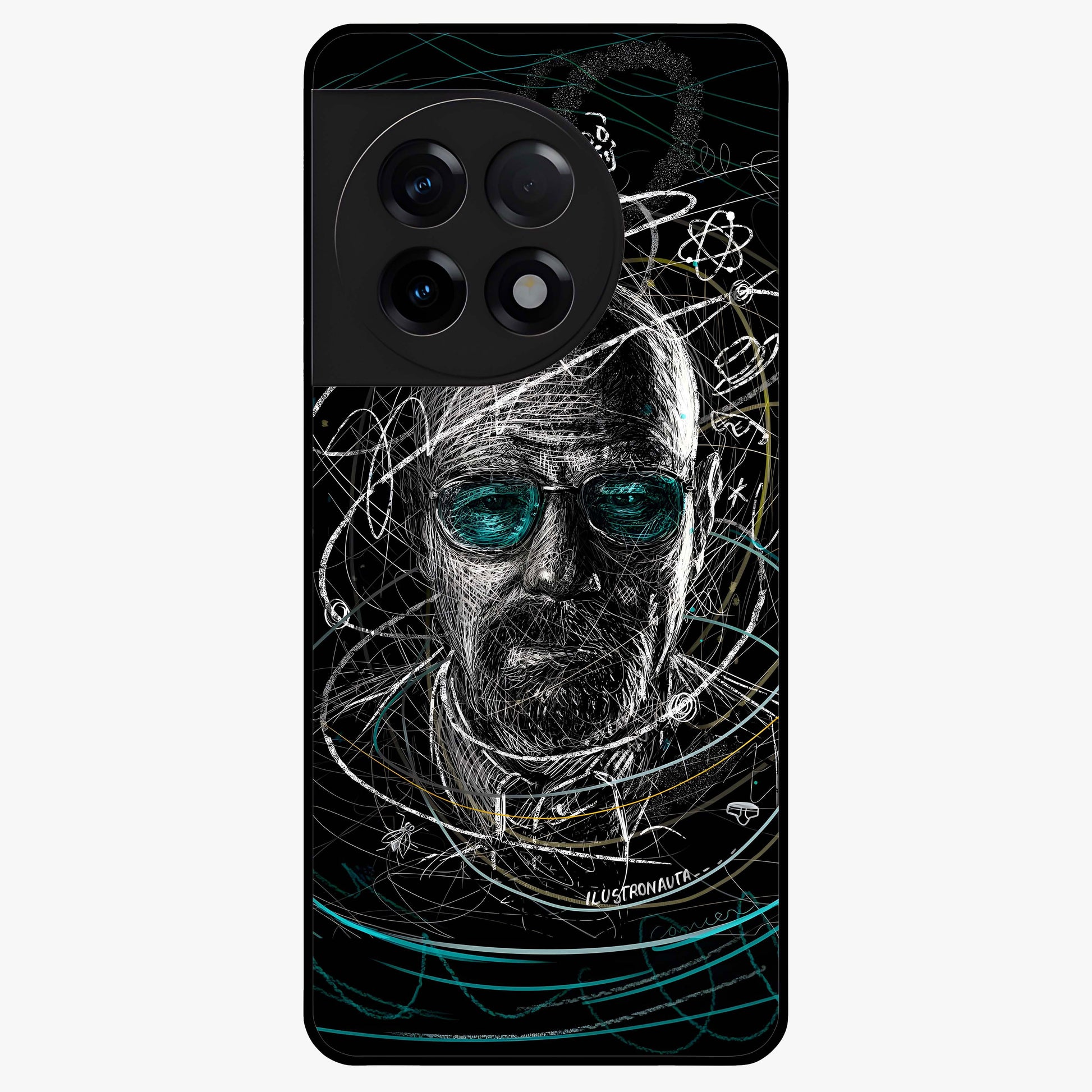 Chaotic Mind Genius Glass Case for 1+11R bold front view featuring expressive abstract typography artwork