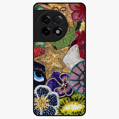 Cosmic Charm Shine Glass Case for 1+11R radiant front view featuring shimmering celestial artwork
