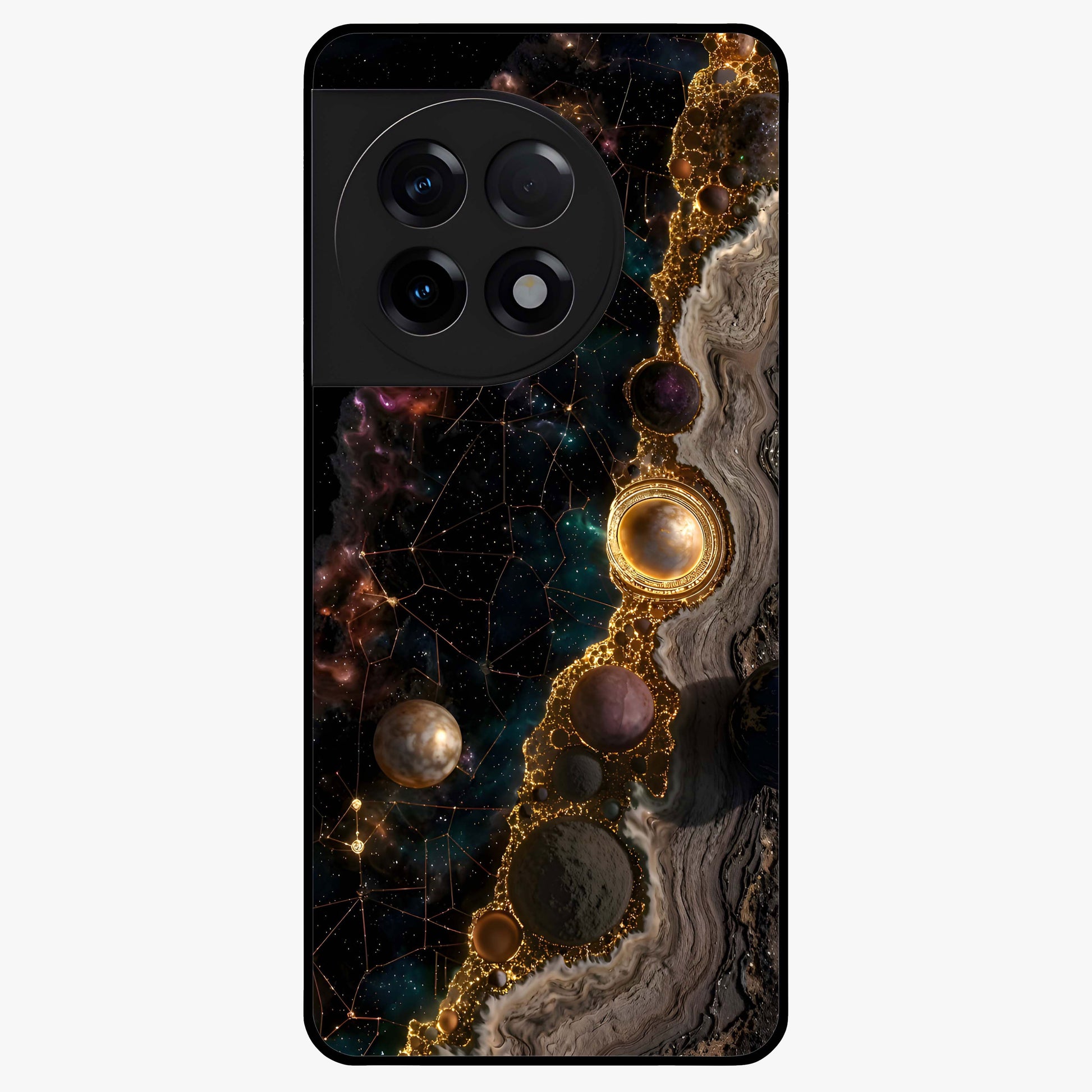 Cosmic Gold Path Glass Case for 1+11R luxurious front view featuring golden pathway artwork against cosmic backdrop