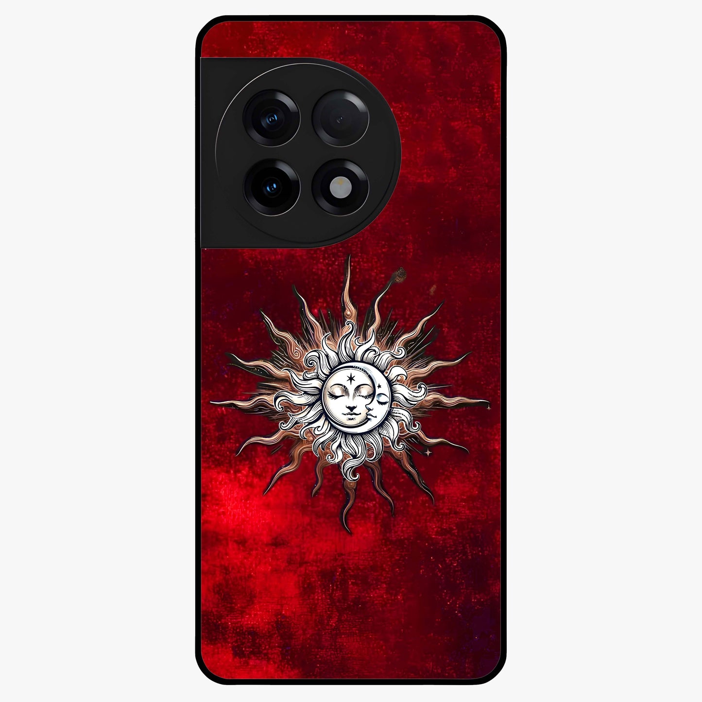 Cosmic Twin Eclipse Glass Case for 1+11R dramatic front view featuring dual eclipse artwork with deep space tones