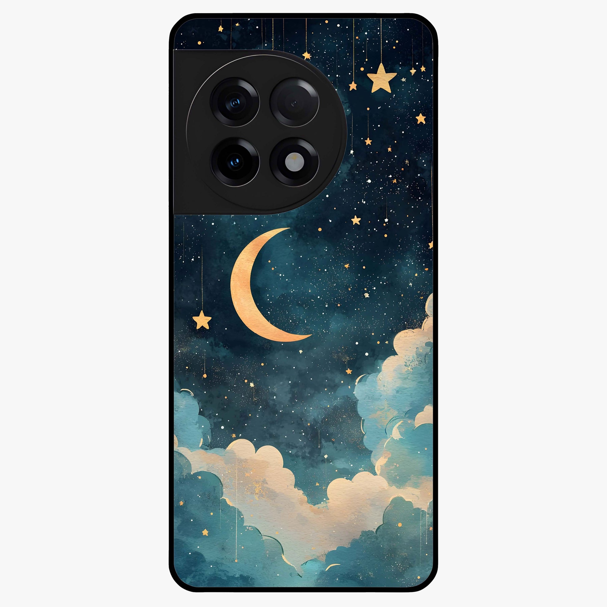 Crescent Galaxy Moon Glass Case for 1+11R mystical front view featuring crescent moon artwork with cosmic background