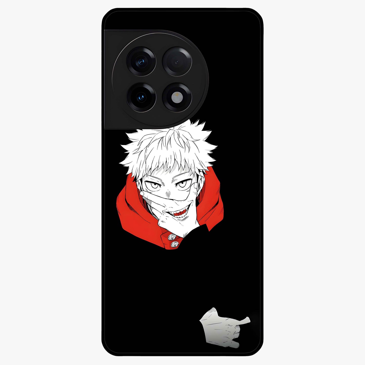 Crimson Chaos Smile Glass Case for 1+11R bold front view featuring edgy smile artwork in deep crimson tones