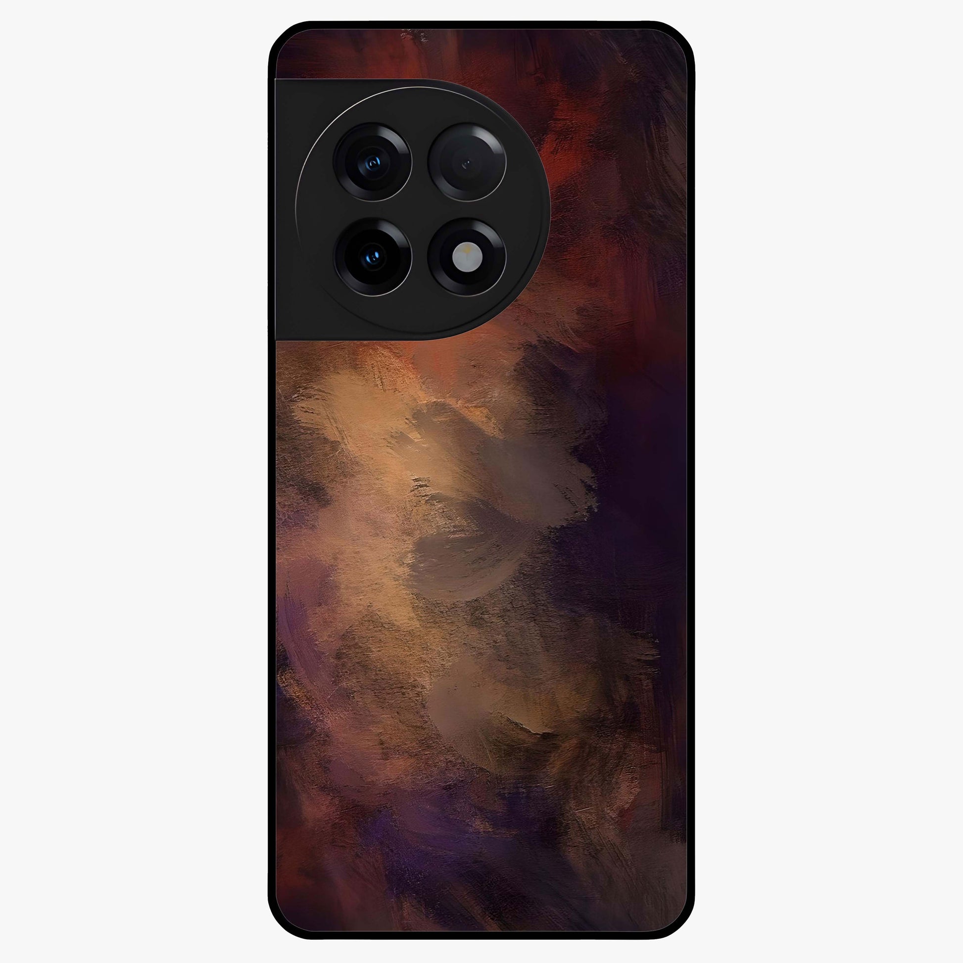 Crimson Dusk Whirl Glass Case for 1+11R dramatic front view featuring swirling dusk inspired crimson artwork