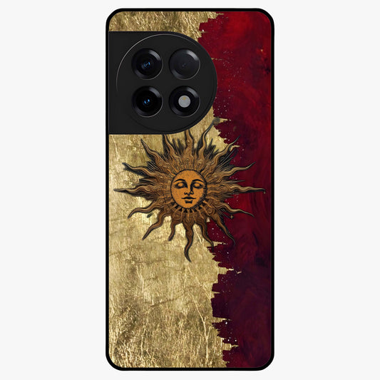Crimson Sun Majesty Glass Case for 1+11R radiant front view featuring glowing sun artwork in deep red hues