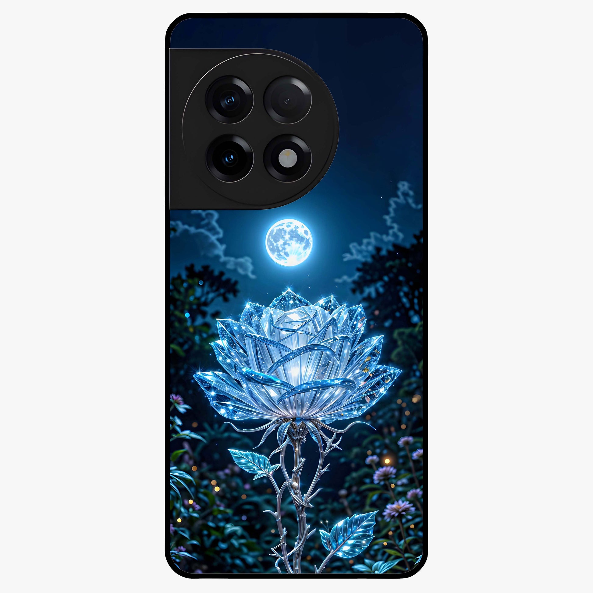 Crystal Moon Lotus Glass Case for 1+11R serene front view featuring glowing lotus artwork under crystal moonlight